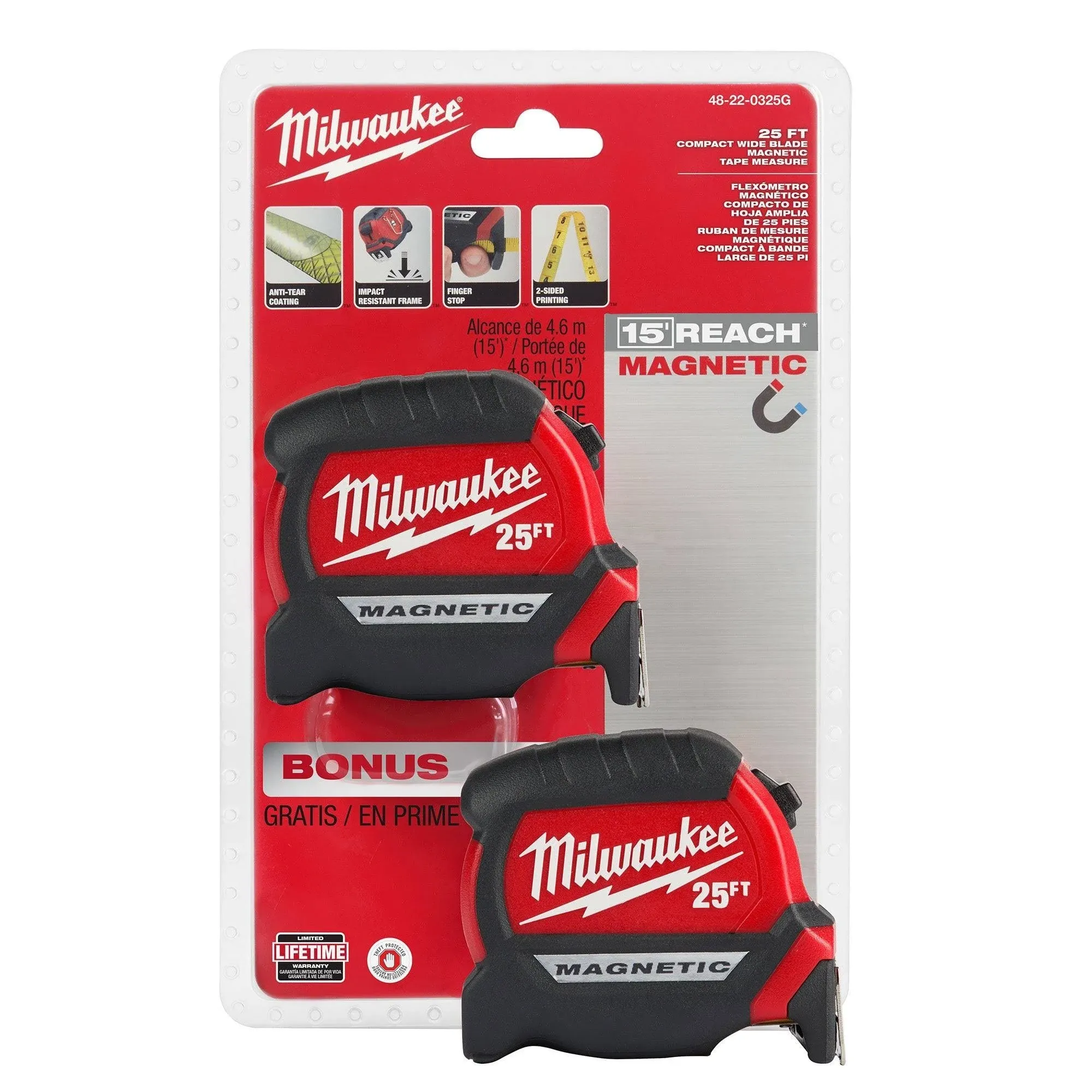 Milwaukee 25&#039; FT Compact Wide Blade Magnetic Tape Measures 48-22-0325FX - 2 pack