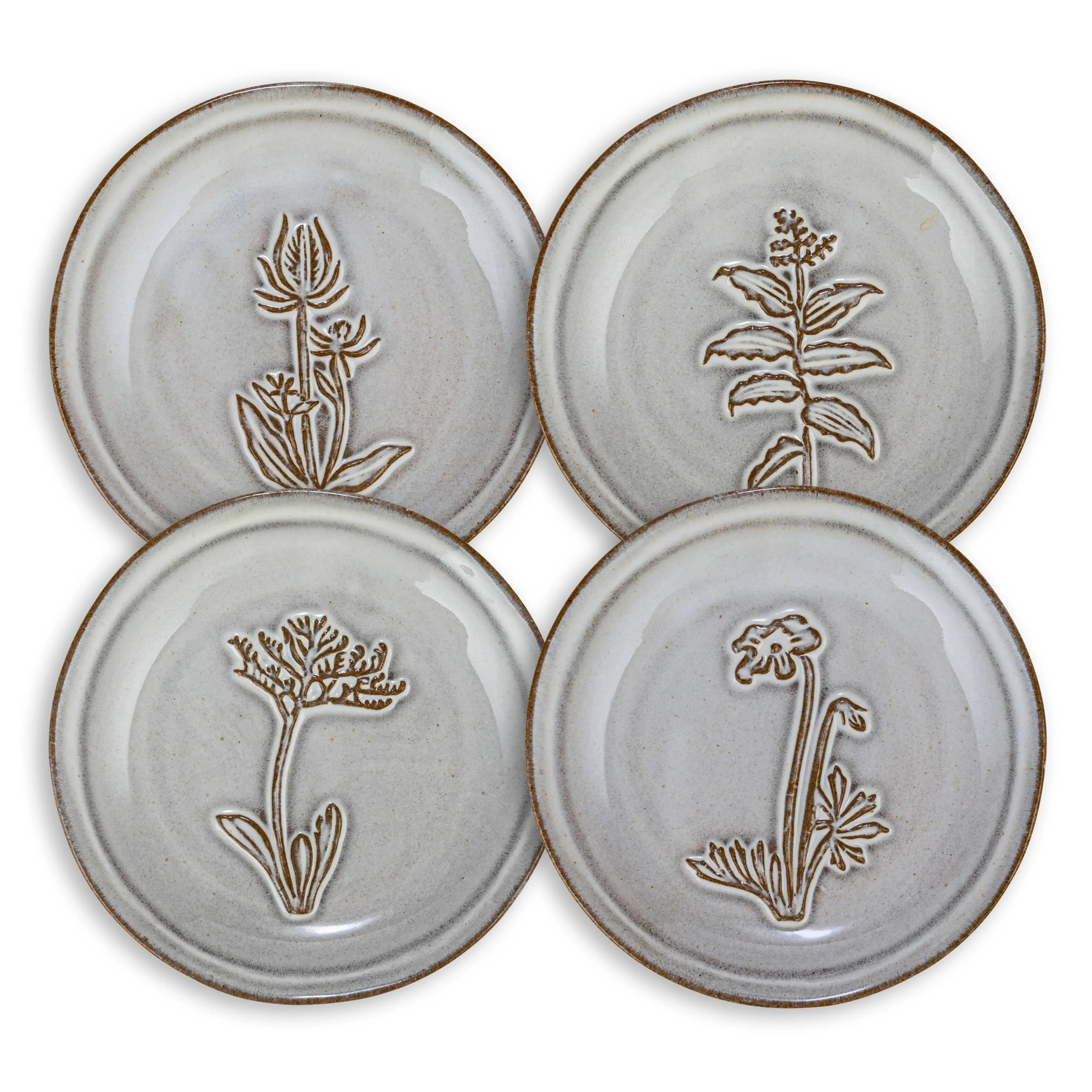 5" Round Dish, Reactive Glaze, 4 Flower Design Styles, Cream, Brown, Set of 12 - Farmhouse - Dinner Plates - by Olive Grove | Houzz