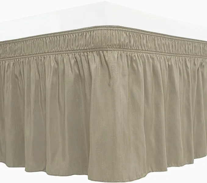 Wrap Around Bed Skirt Elastic Dust Ruffle Easy Fit Wrinkle and Fade Resistant Solid Colour Fabric (Queen, Taupe)