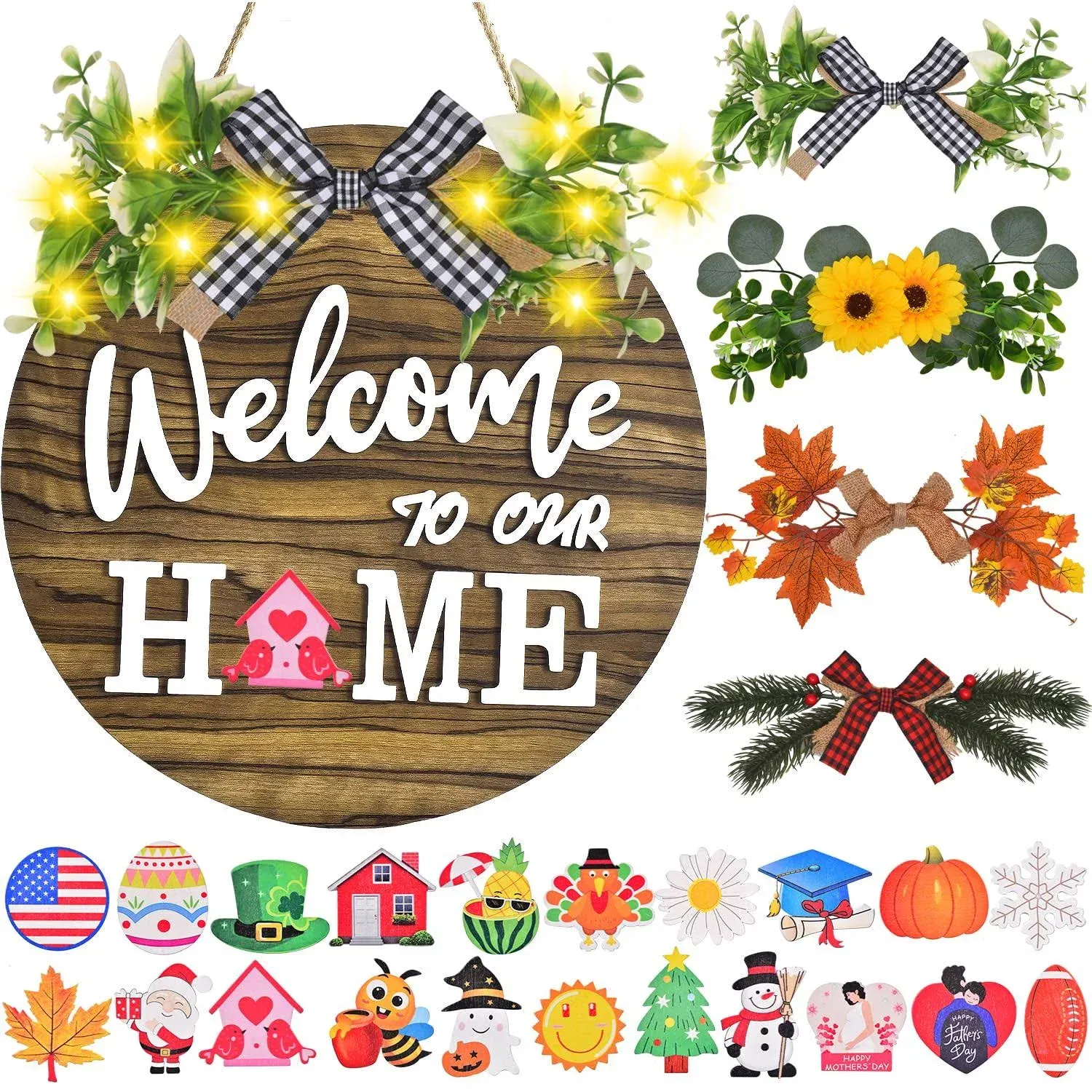 Interchangeabl<wbr/>e Welcome Home Sign Front Door Decor With 4 Seasonal Wreaths an...