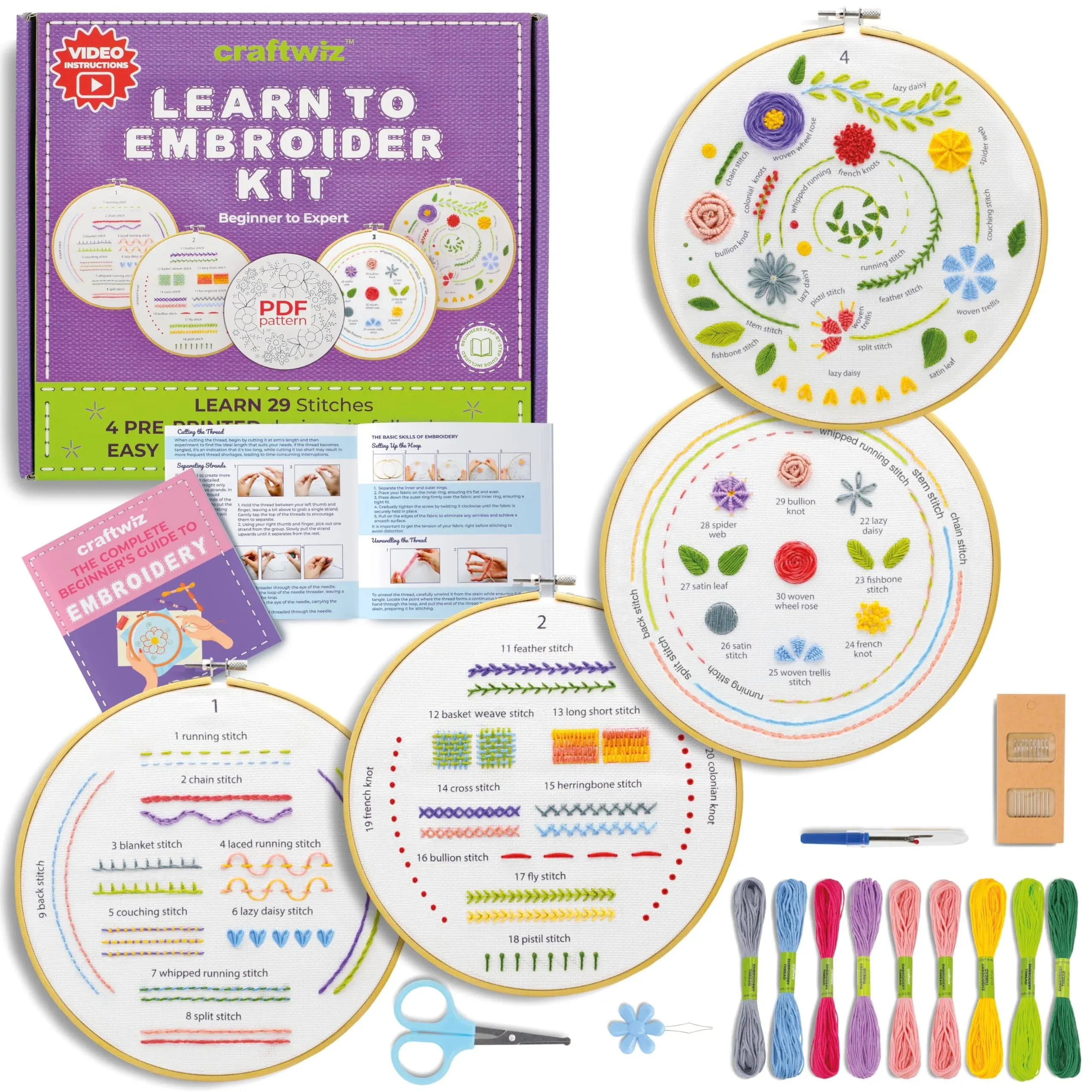 Craftwiz 4 Set Embroidery Starter Kit, Embroidery Kit for Beginners Adults and Kids with Embroidery Patterns, Beginner Embroidery Kit for Adults, Hand Embroidery Kit Includes Bamboo Hoop, Cloth, etc.