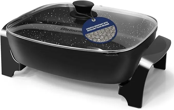 Elite Gourmet EG6203 Extra Deep 16"x13"x3.2" (10.5Qt.) Scratch Resistant, Easy Pour Spout, Dishwasher Safe, Non-stick Electric Skillet with Vented Glass Lid, Adjustable Temperature, Black