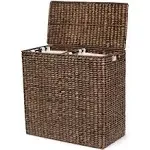 BirdRock Home Oversized Dual Hampers with Lid - Handwoven Natural Seagrass Fiber Compartment Laundry Hamper w/Dual Removable Liners Bag - Split/Two Side Basket for Dirty Laundry, Clothes - Brown Wash