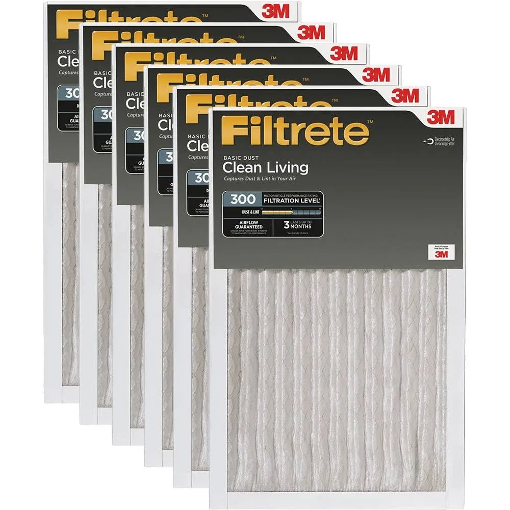 Filtrete 14x24x1 Air Filter, MPR 300, MERV 5, Clean Living Basic Dust 3-Month Pleated 1-Inch Air Filters, 6 Filters