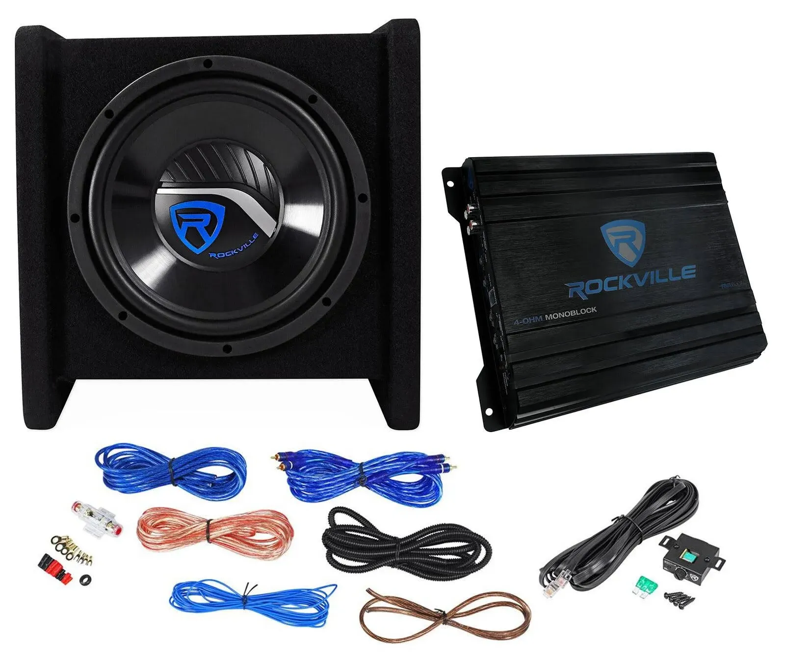 Rockville RV10.1D 500w 10&#034; Loaded Car Subwoofer Enclosure+Mono Amplifier+Amp Kit