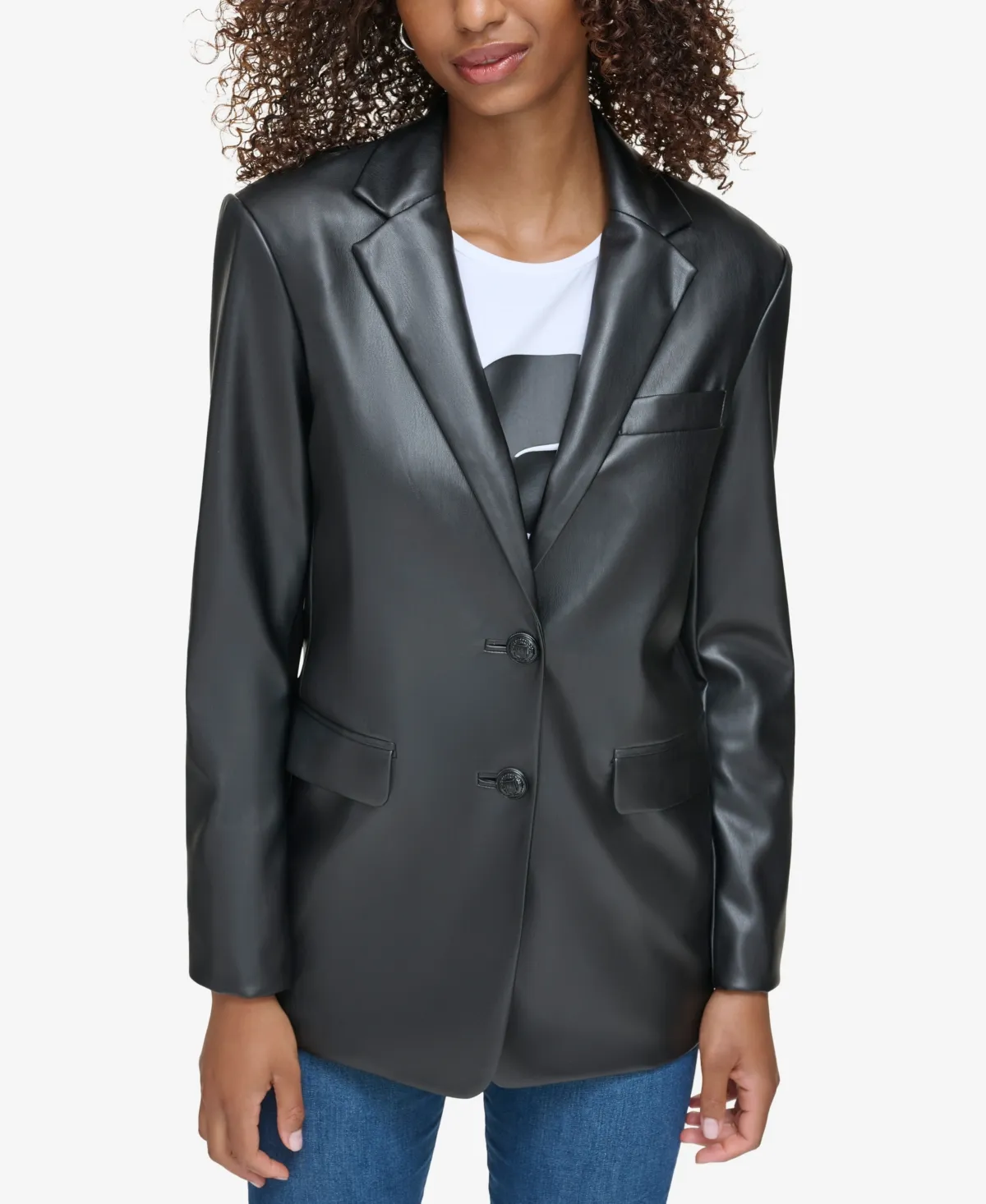 Faux Leather Blazer In Black