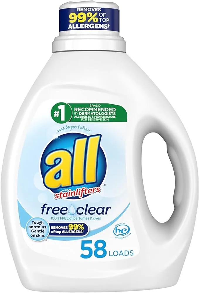 all Laundry Detergent Liquid, Free Clear for Sensitive Skin, Odor Relief, Unscented and Hypoallergenic, 2X Concentrated, 90 Loads