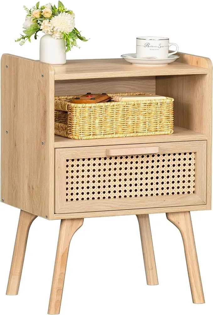 Lerliuo Rattan Nightstand, Boho Side Table with Drawer Open Shelf, Cane Accent Bedside End Table with Solid Wood Legs for Bedroom, Dorm and Small