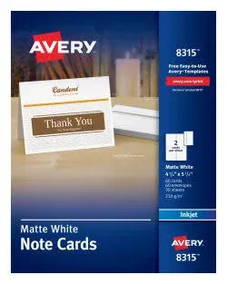 Avery� Printer-Compatible Cards, 4-1/4 x 5-1/2, Two per Sheet, 60/Box with Envelopes AVE8315