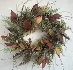 24 Inch Fall Winter Front Door Wreath Burgundy Berry Wreath with Mixed Magnolia Maple Leaves Large Decor on Farmhouse Grapevine for Christmas Celebration Front Door Wall Window Home Decoration