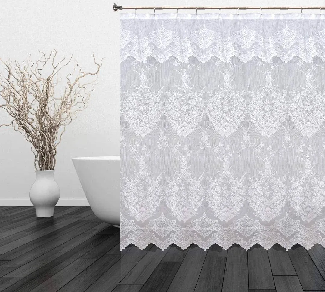 Romance Lace Flower Shower Curtain with An Attached Valance, Beige