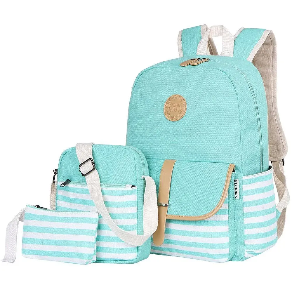 BLUBOON Canvas Bookbags School Backpack Laptop Schoolbag for Teens Girls High School (Water Bule 3 in 1)