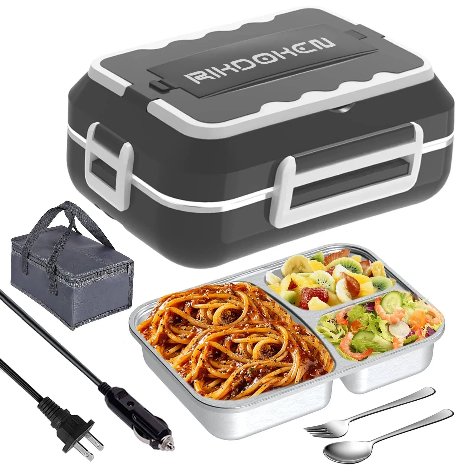 RIKDOKEN [60W Faster Heat] Electric Lunch Box for Car Truck Work Home, 12V 24V 110V Food Warmer with 1.5L Removable Stainless Steel Container, Leak-proof Portable Lunch Heater with Bag, Spoon, Fork