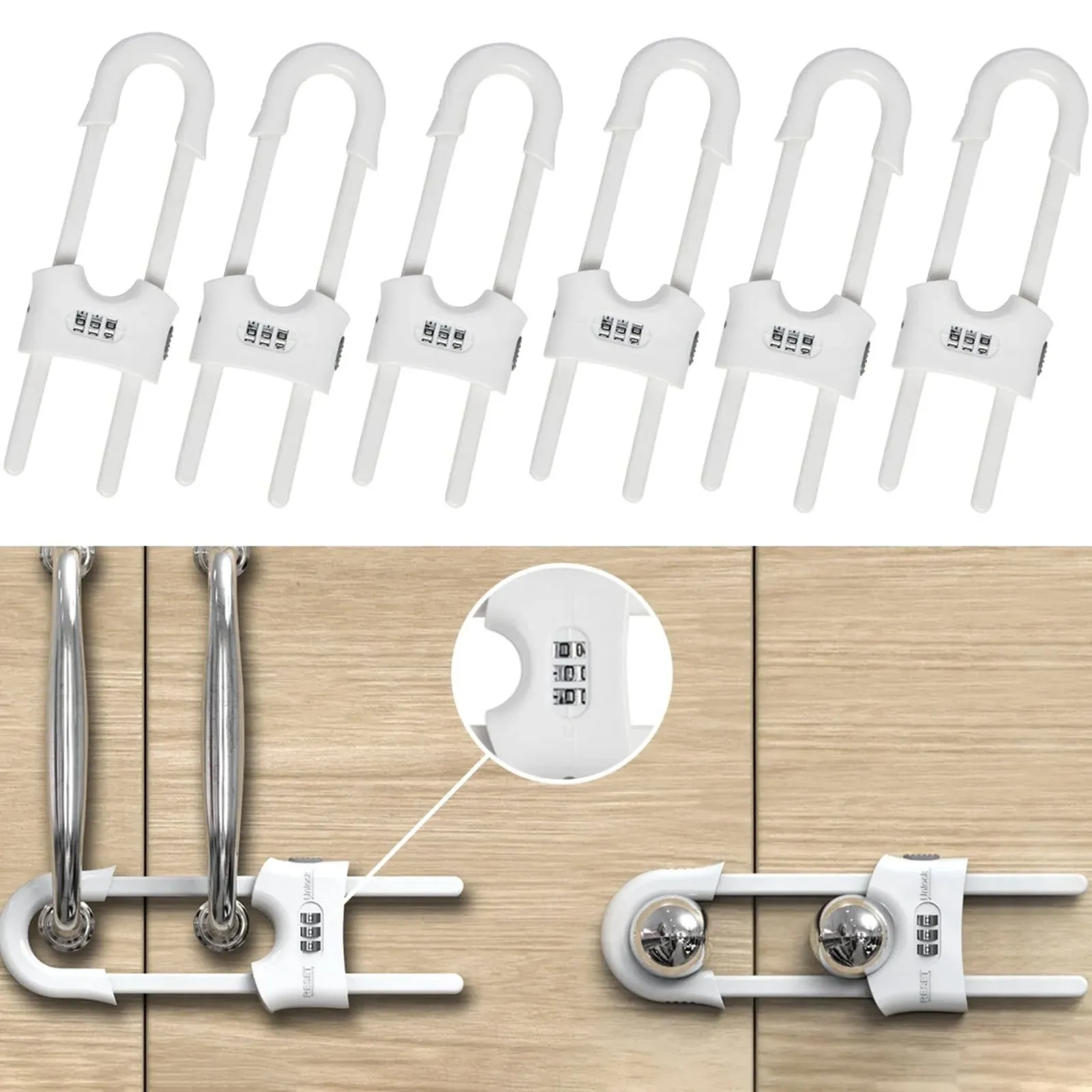 FIGEPO 6 Pack Child Proof U-Shaped Code Sliding Cabinet Door Locks