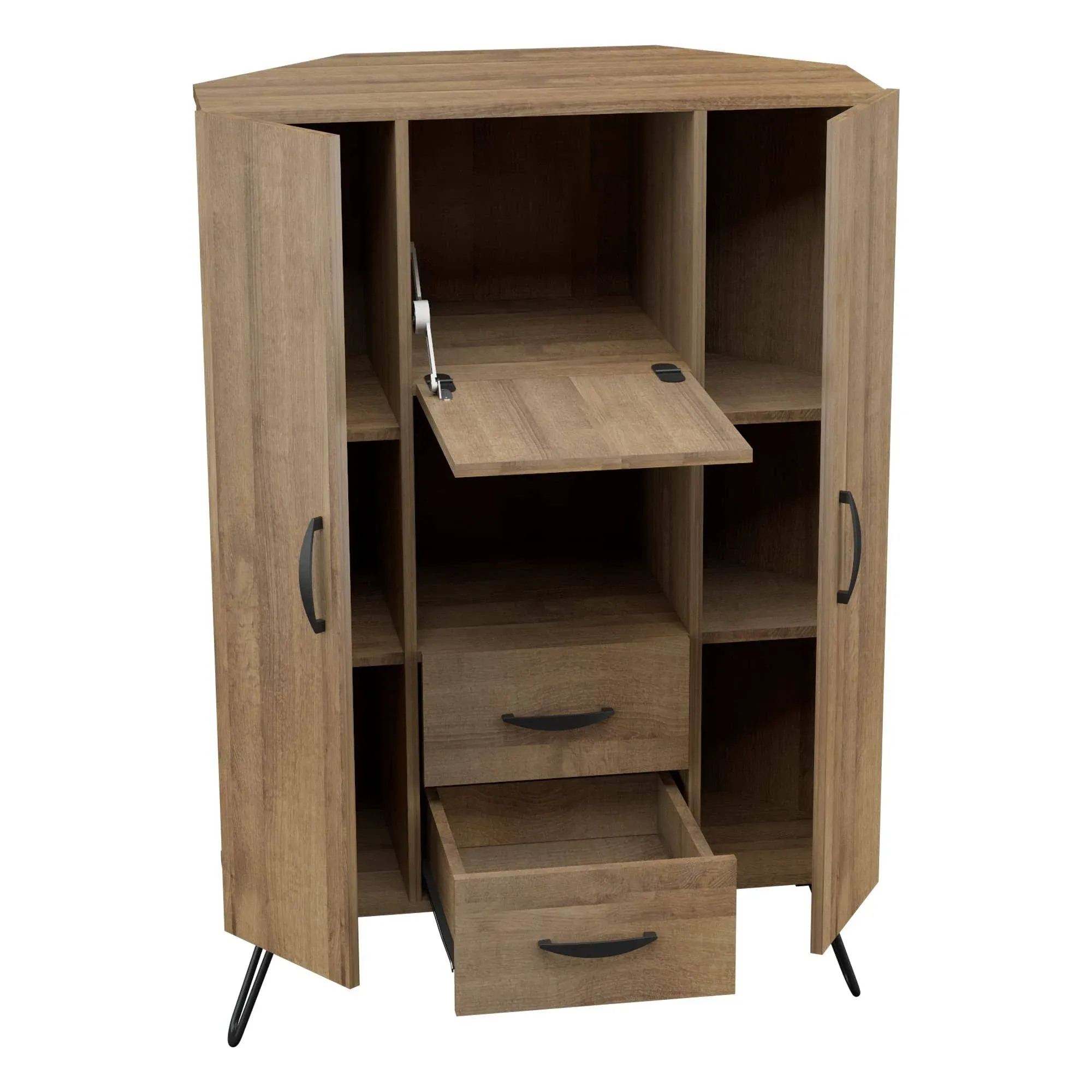 Inval Engineered Wood Mid-Century Buffet Corner Storage Cabinet in Brown