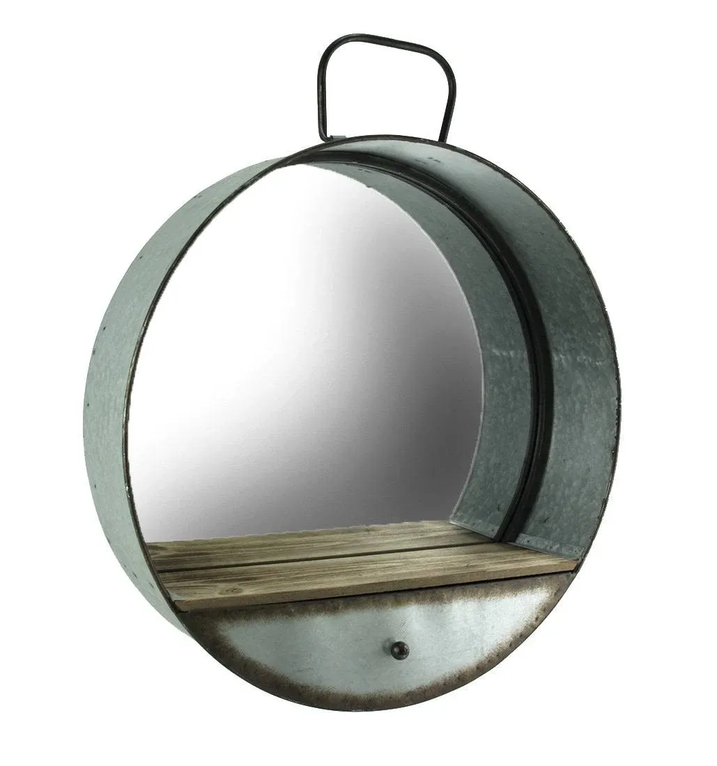 Rustic Galvanized Metal Tub Frame Round Wall Mirror with Drawer