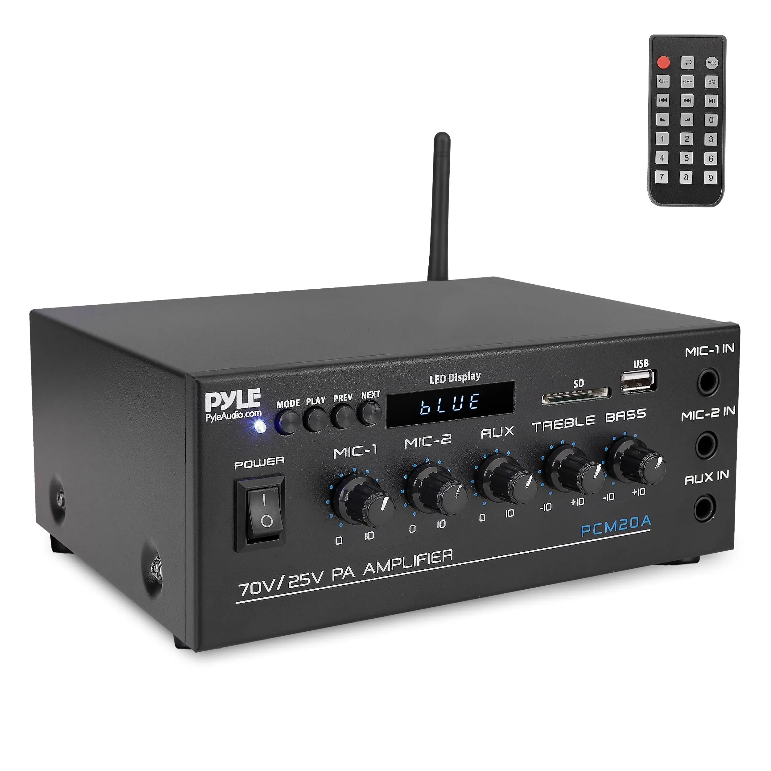 Pyle Compact Mini Home Power Amplifier - 40W Smart Small Audio Stereo Receiver w/AUX, 2 Microphone in, COM/8-Ohm/25V/70V Speakers, LED, Input Selector, for PA, Amplified Speaker Sound System PCM20A.5