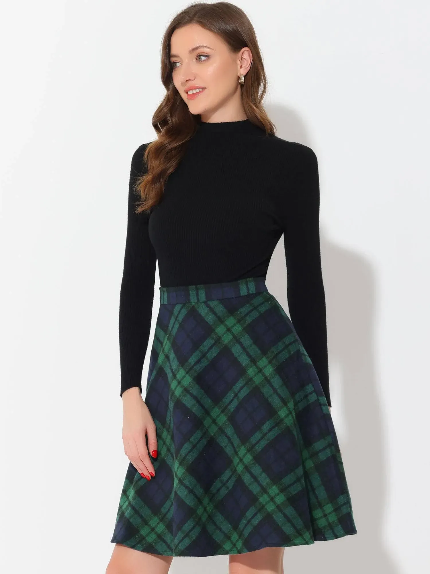 Unique Bargains Women Plaids Elastic Waist Knee Length A Line Skirt - Green - Xs