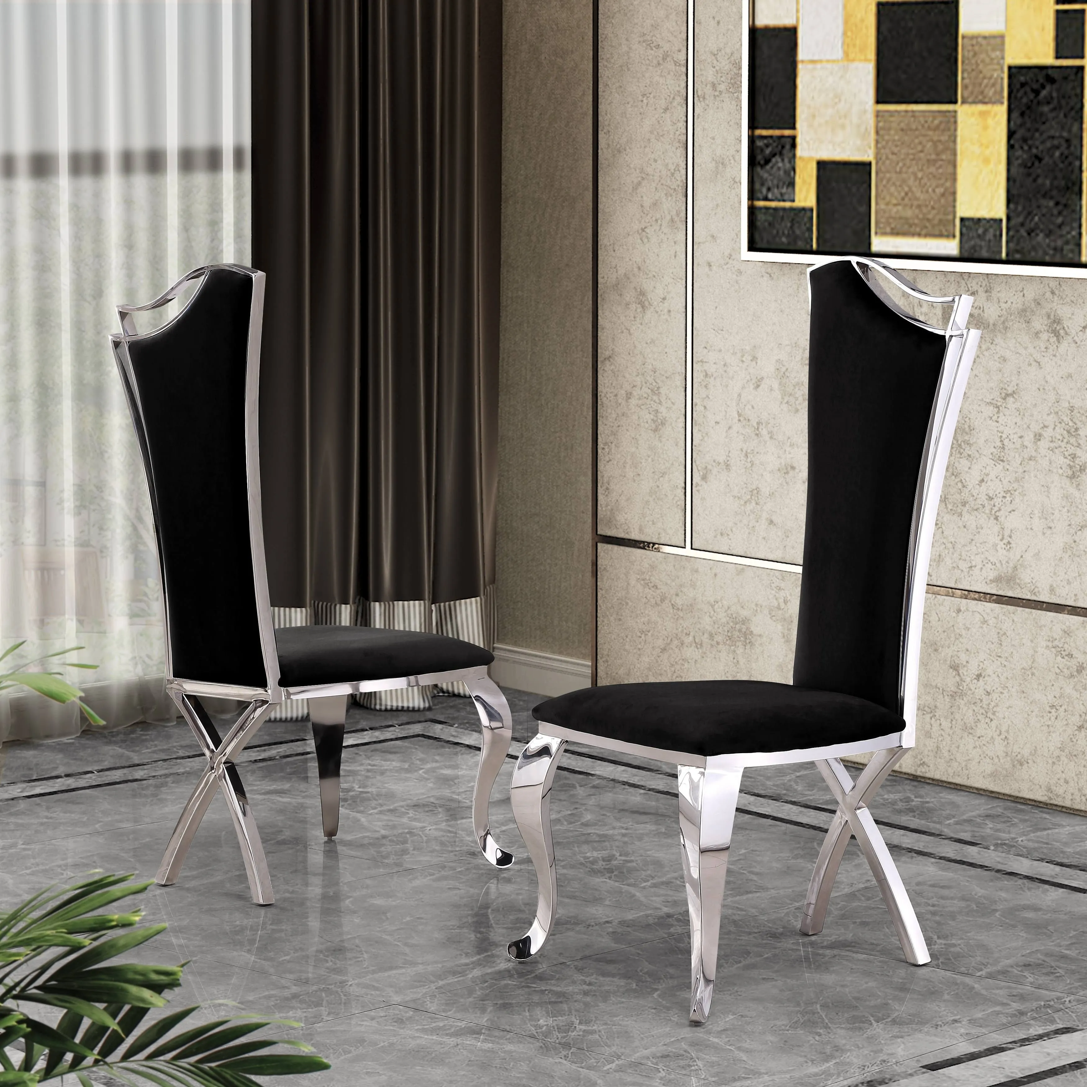 Best Quality Furniture Nadia Contemporary Dining Side Chair - Set of 2 Black Velvet