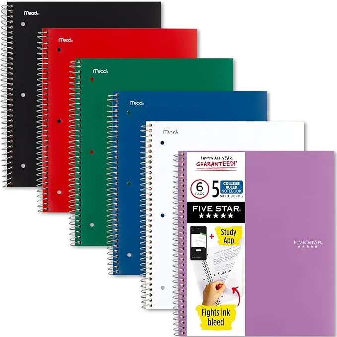 Five Star Spiral Notebooks + Study App, 6 Pack, 5 Subject, College Ruled Paper, Fights Ink Bleed, Water Resistant Cover, 8-1/2" x 11", 200 Sheets,Assorted Colors (73793)Five Star Spiral Notebooks + Study App, 6 Pack, 5 Subject…