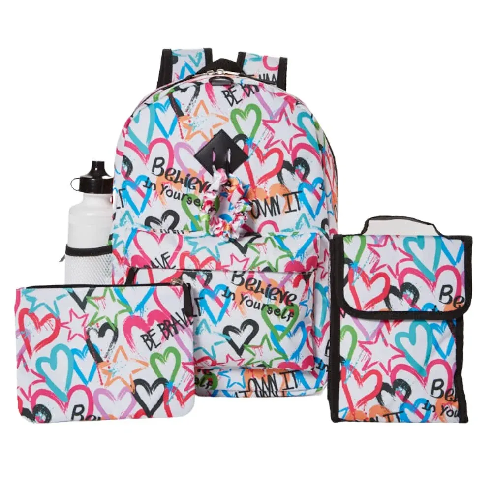 Heart Girls Backpack with Lunch Box and Water Bottle 6 Piece Set 16 inch