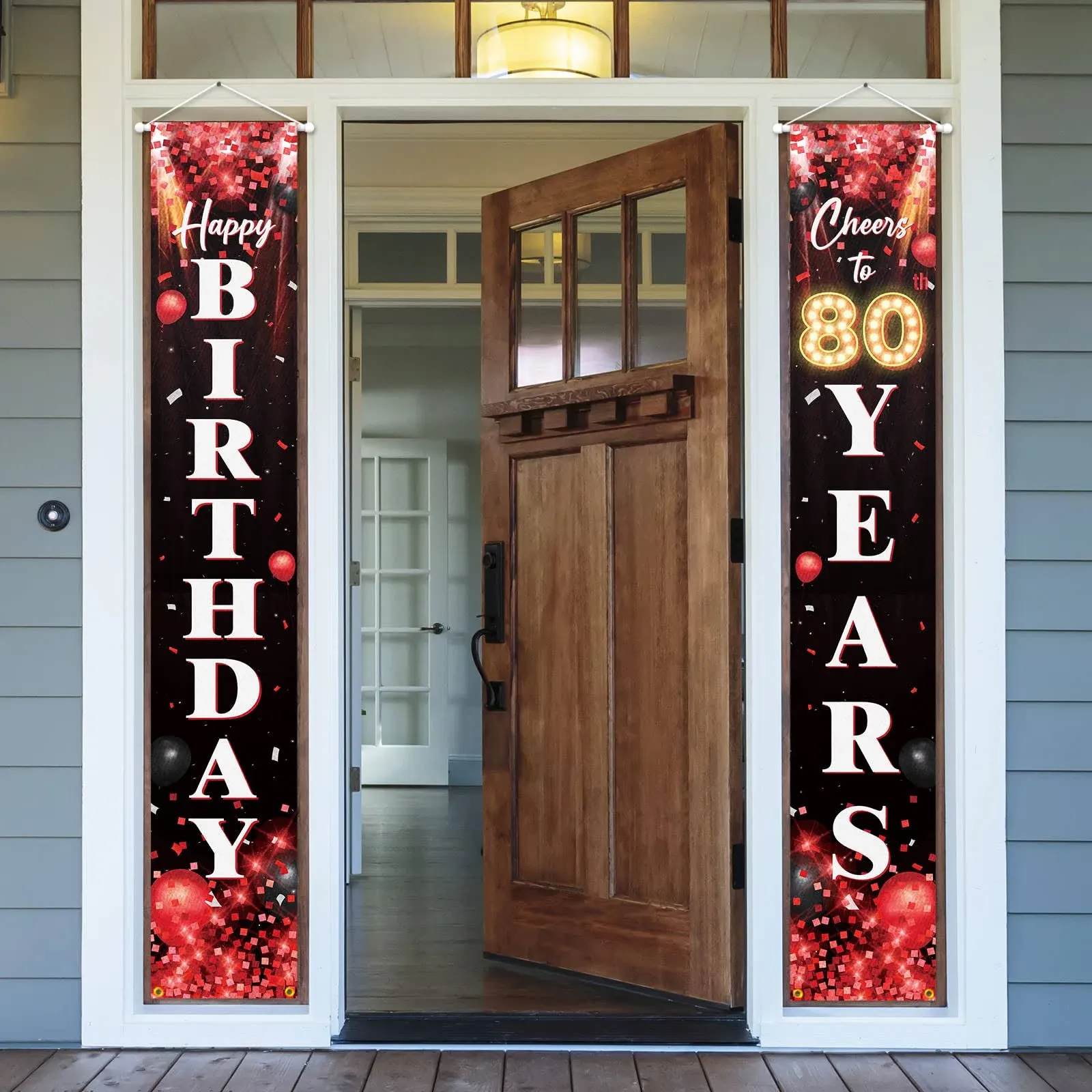 Happy 80th Birthday Porch Sign Door Banner Decor Red and Black – Glitter Chee...