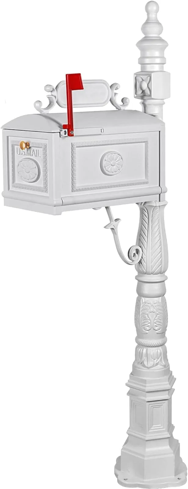 Polar Aurora Barcelona Decorative Post Mailbox Combination Stratford Heavy Duty Postal Mail Box Cast Aluminum(White)