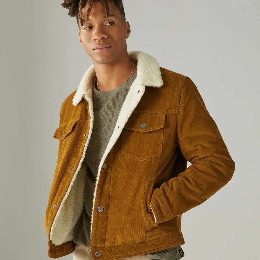 Lucky Brand Faux Shearling Lined Corduroy Trucker Jacket in Tan