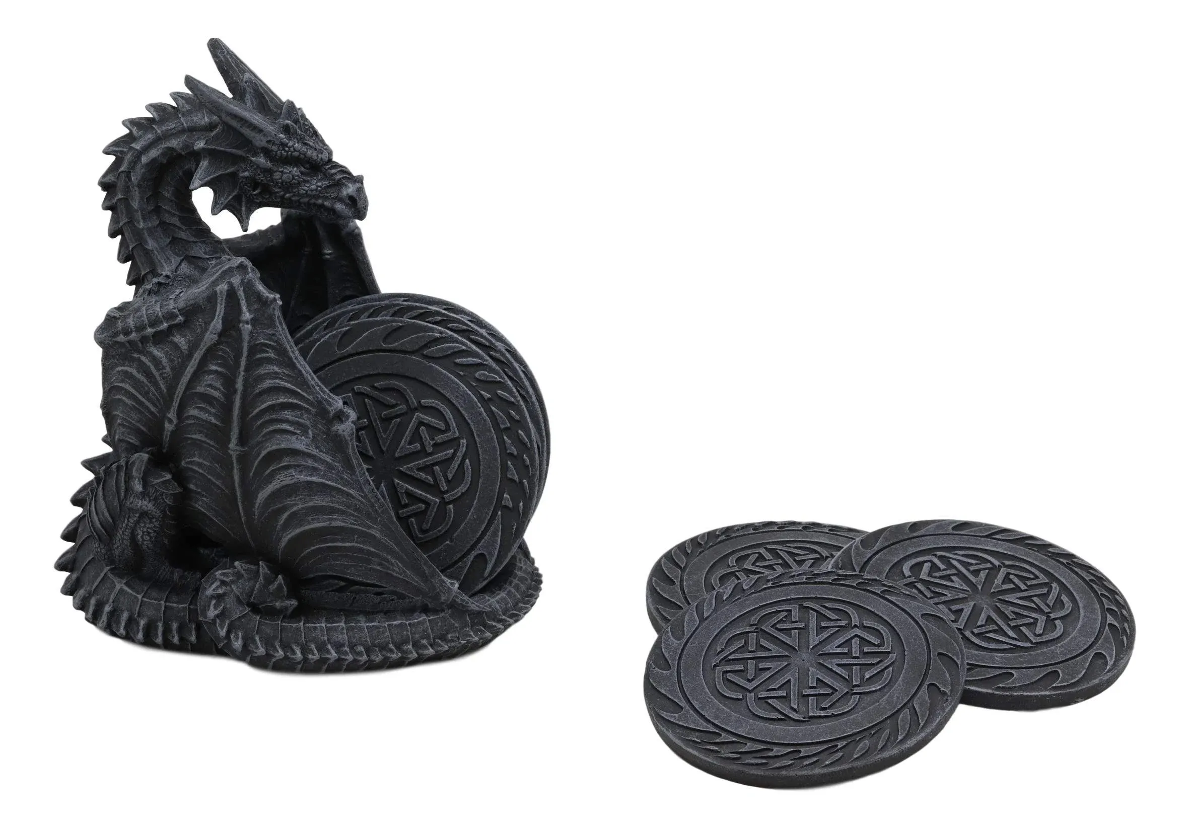 Gothic Winged Celtic Knotwork Dragon Coaster Set Holder Figurine with 6 Coasters