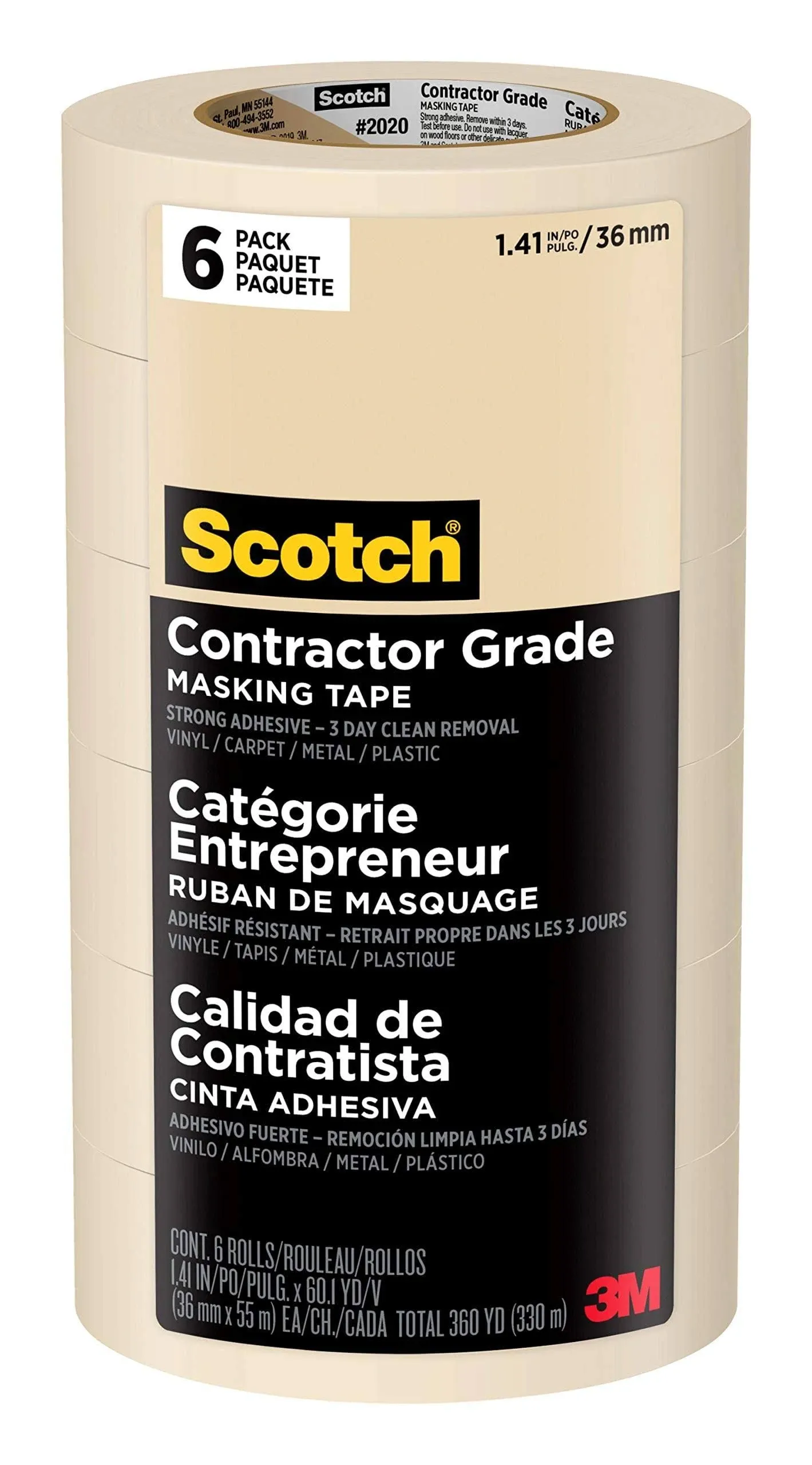 Scotch Contractor Grade Masking Tape, 1.88 inches by 60.1 yards (360 yards total), 2020, 6 Rolls