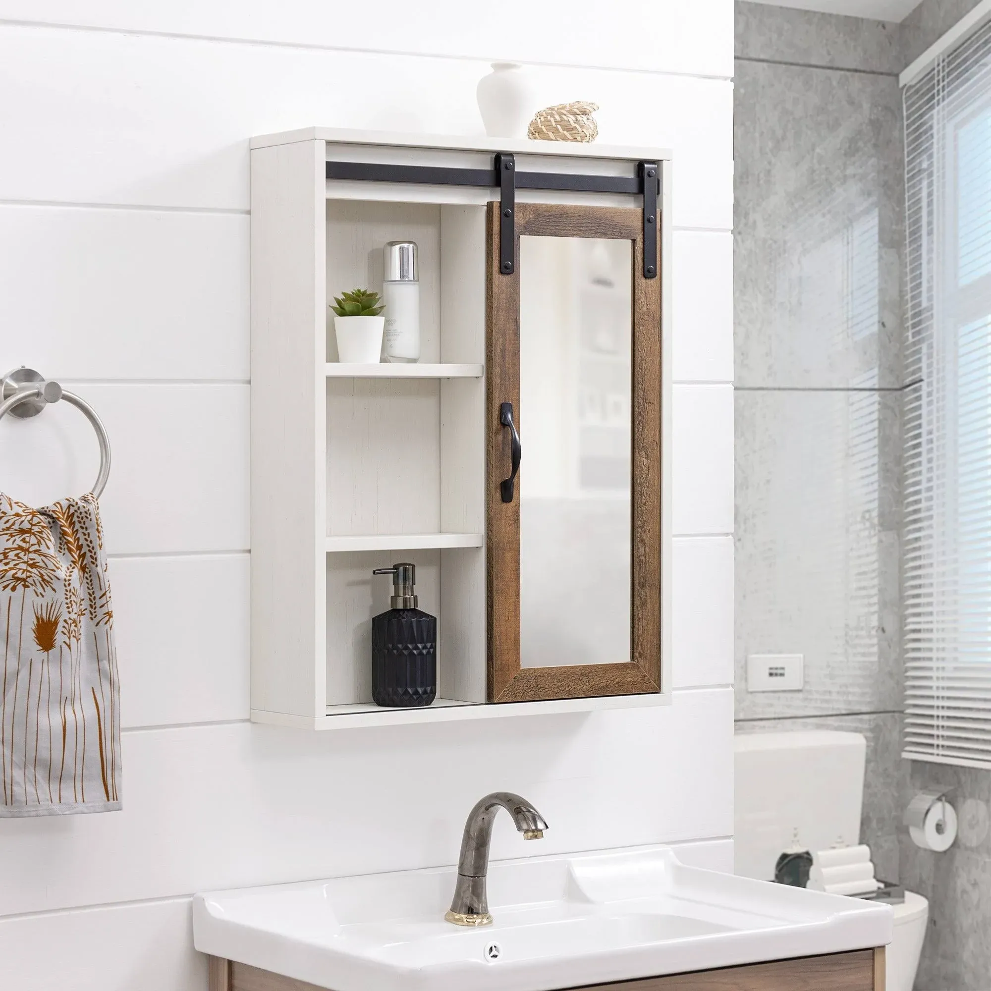 Sliding Barn Door Wall Storage with Mirror Brushed White/Rustic Oak