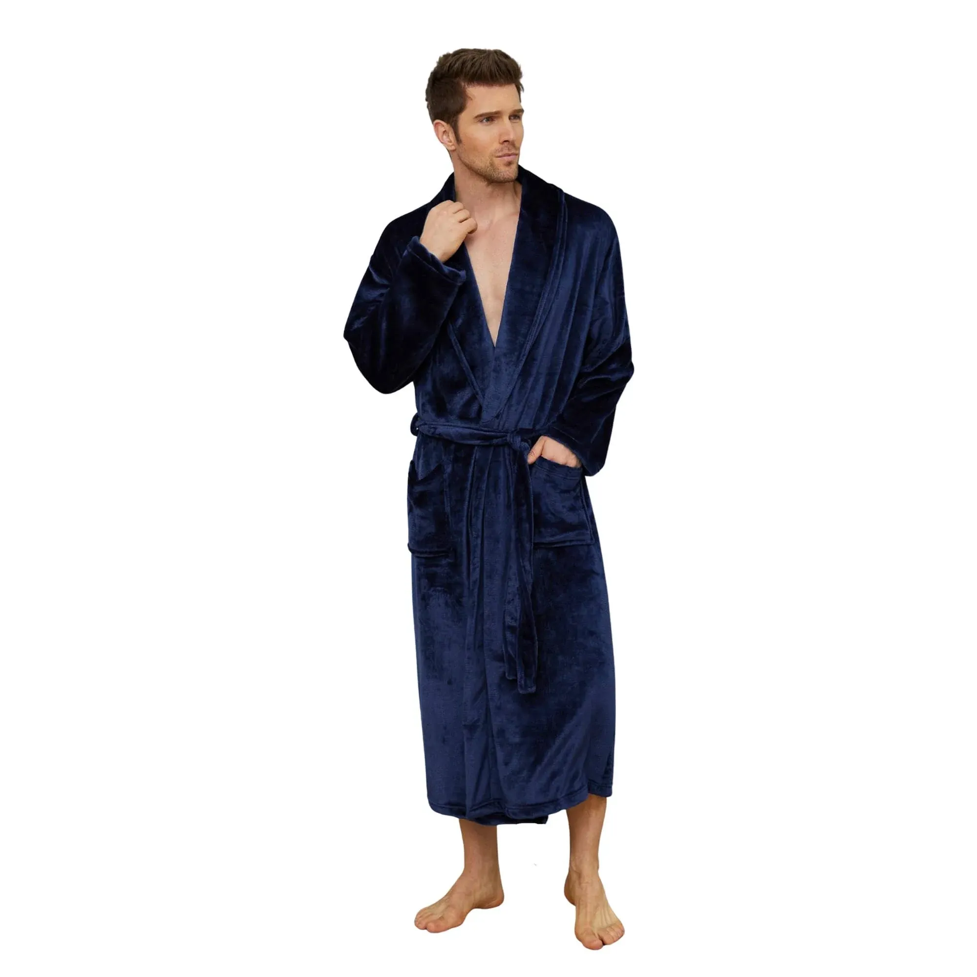 U2skiin Mens Fleece Robe Plush Collar Shawl Bathrobe(Navy,L/XL)