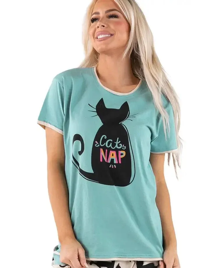 Cat Nap Blue Women's Regular Fit Pj Tee XL