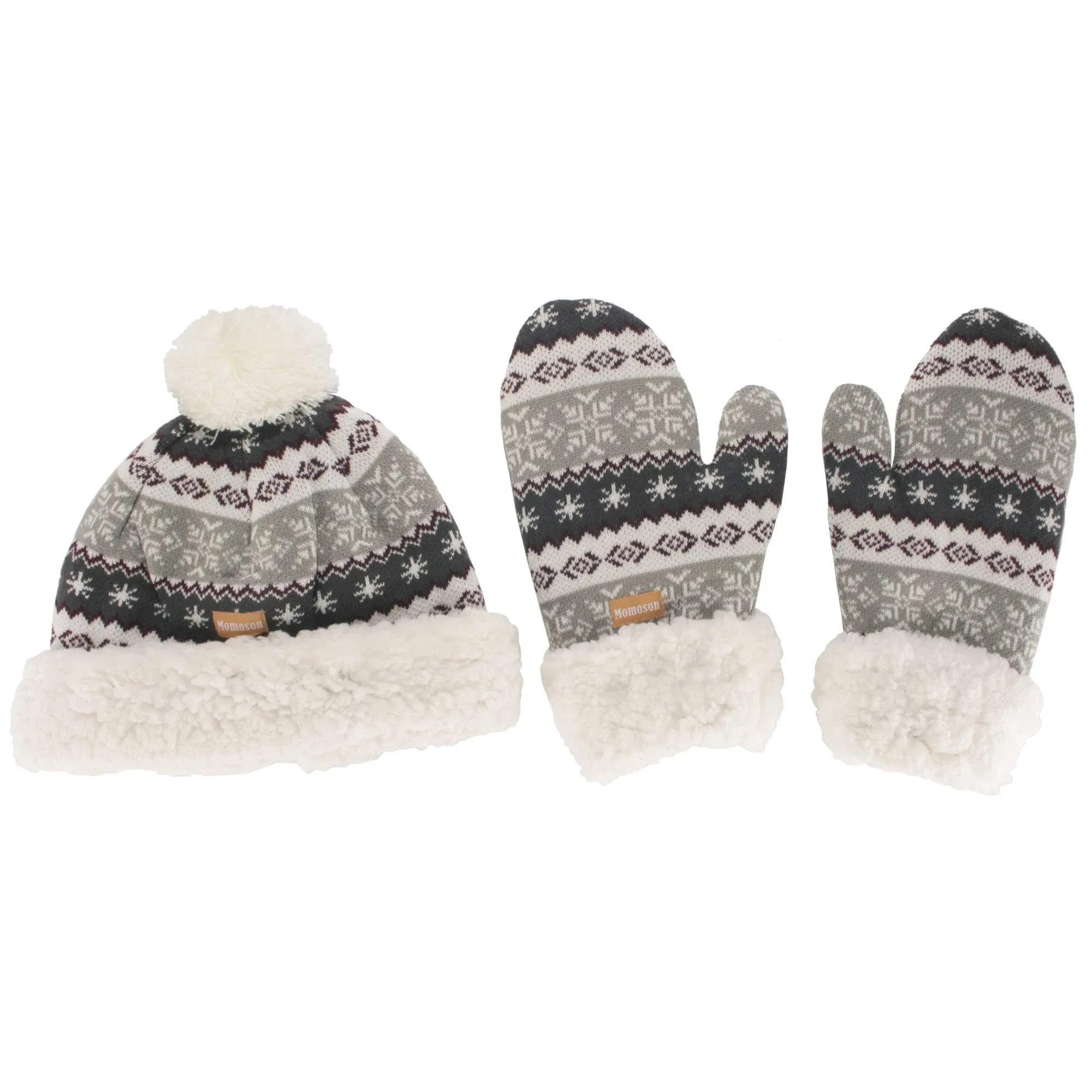 BambooMN Women's Classic Winter Fleeced Thermal Pom Pom Beanie Hat and Mittens Set, White/Gray Snowflake