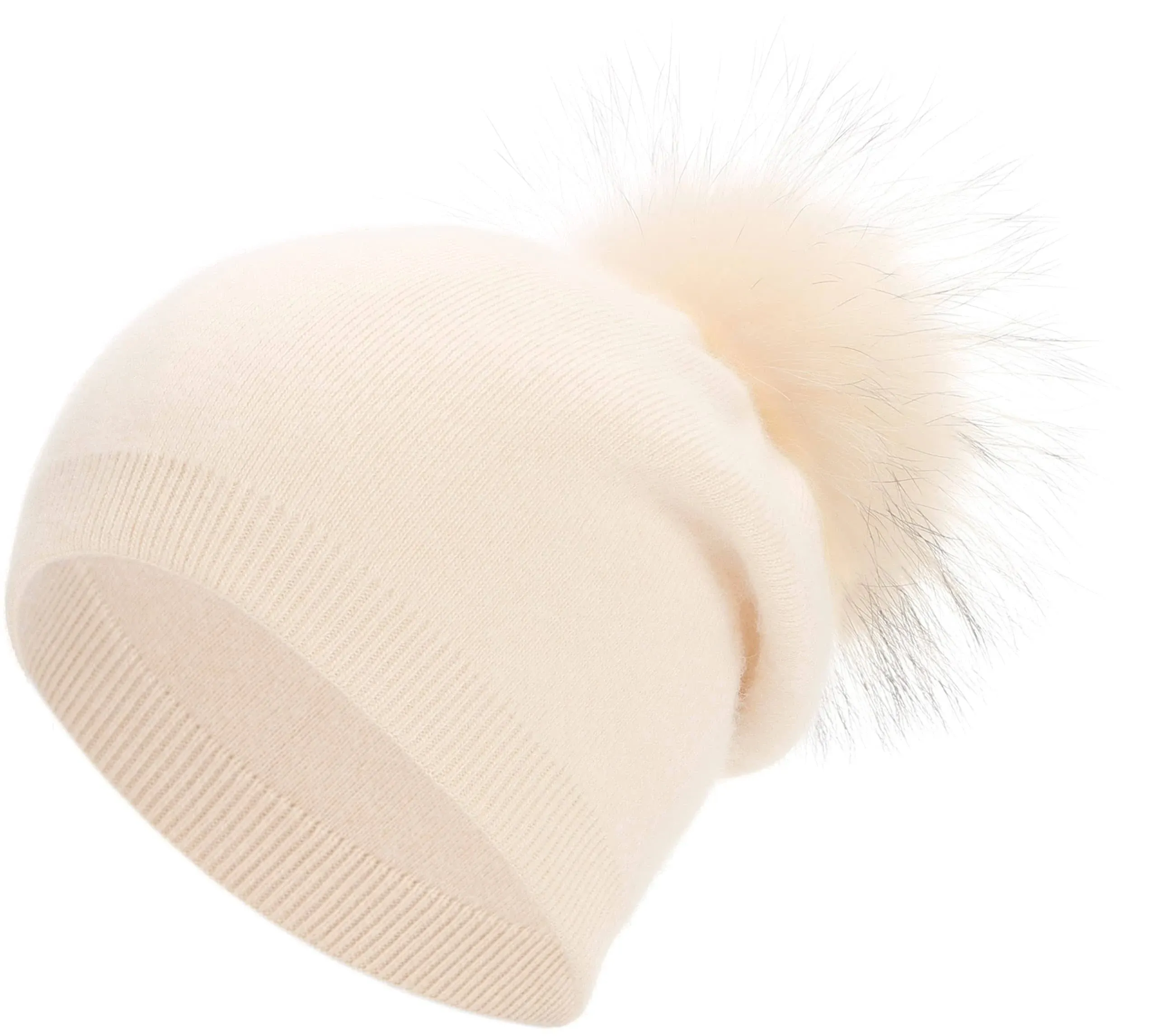 Women Cashmere Winter Slouchy Knit Beanie Hat with Real Fur Pom Pom Beige Pom