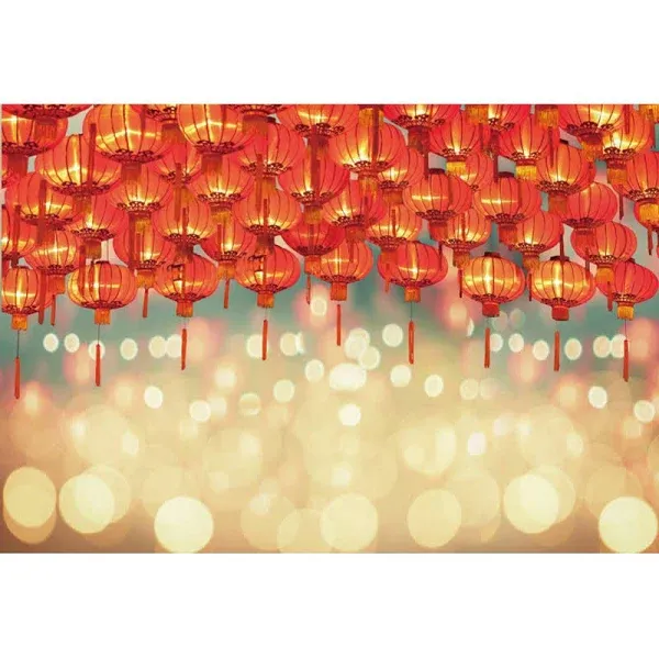 Haoyiyi 10x8ft Happy Chinese New Year Backdrop Red Lanterns Bokeh Halos Glitt...