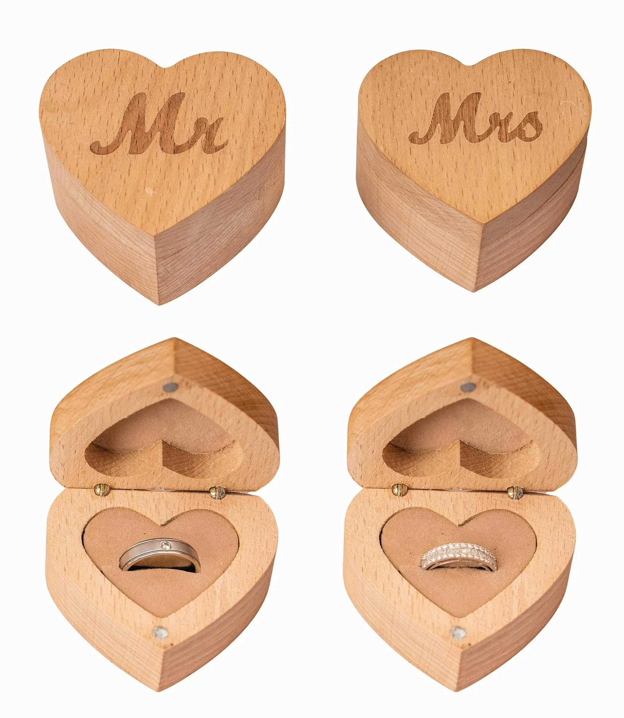 Heart Shaped Wooden Ring Box with Engraved Mr. &amp; Mrs. - Wedding Ring Bearer Box