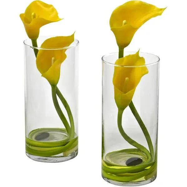 Nearly Natural Double Calla Lily with Cylinder (Set of 2) - Yellow