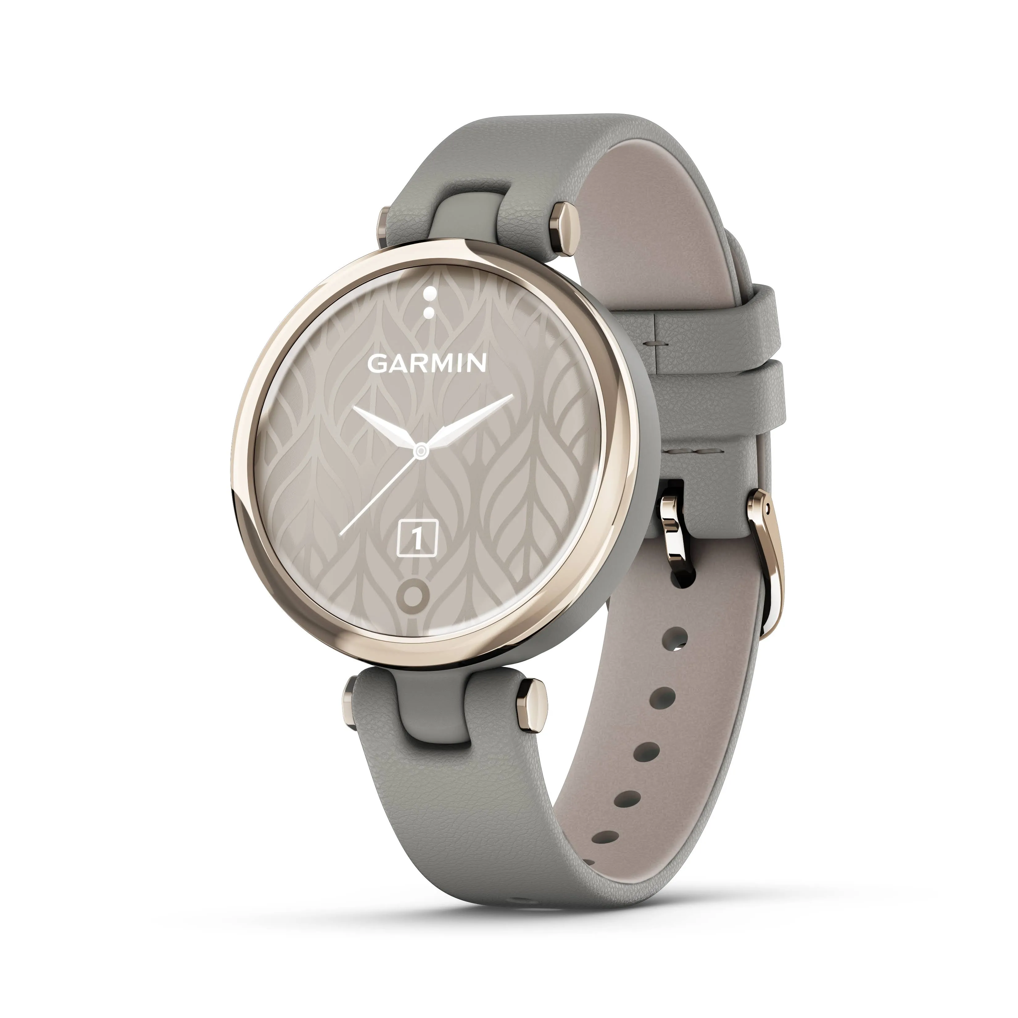 Garmin Lily™ Stylish Small Smartwatch, Bright Touchscreen Display and Patterned Lens, Cream Gold and Grey, Leather Band