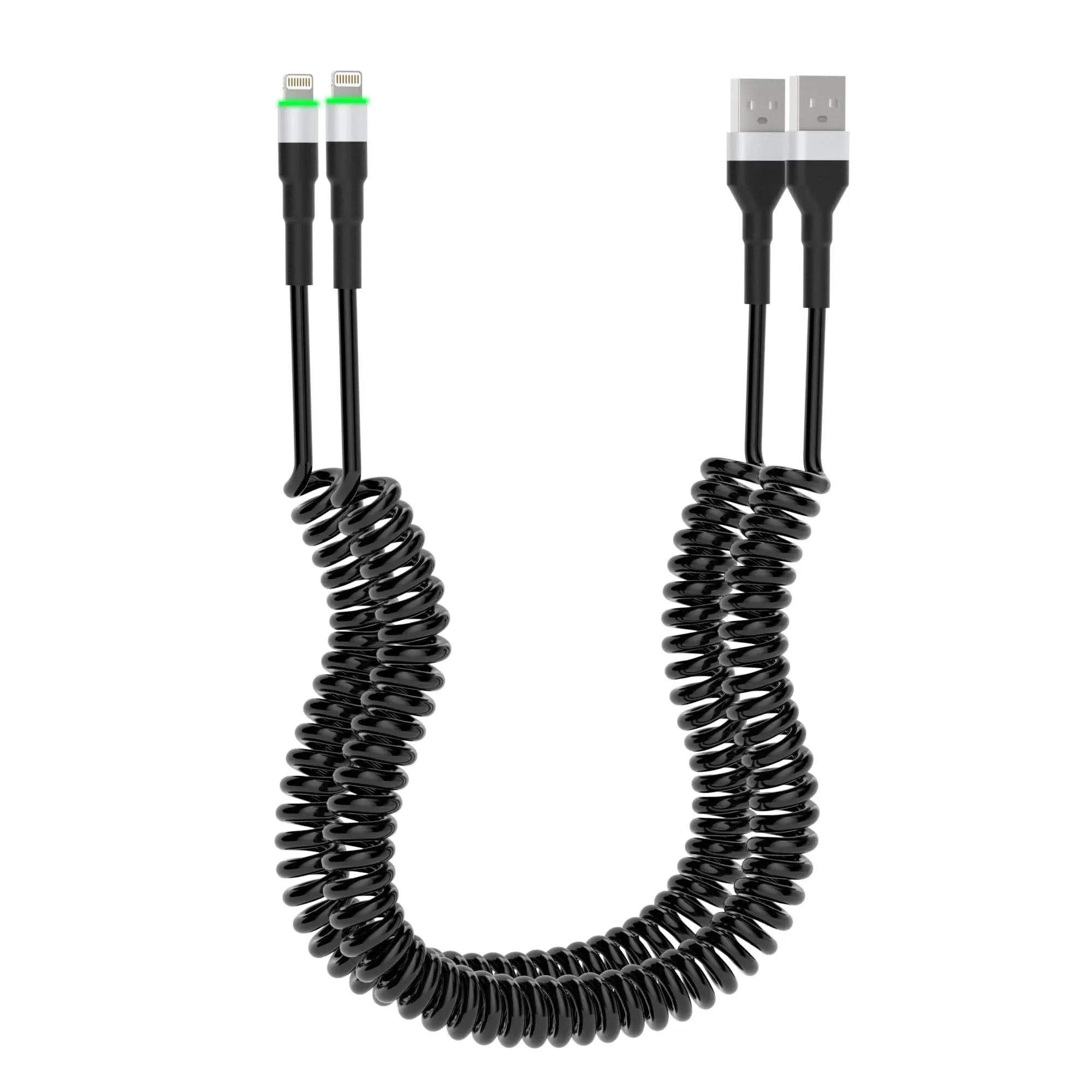 Coiled iPhone Lightning Cable 2 Pack, Apple Carplay & MFi Certified, Coiled USB to Lightning Cable with LED and Data Transmission, Retractable iPhone Charger Cord for Car