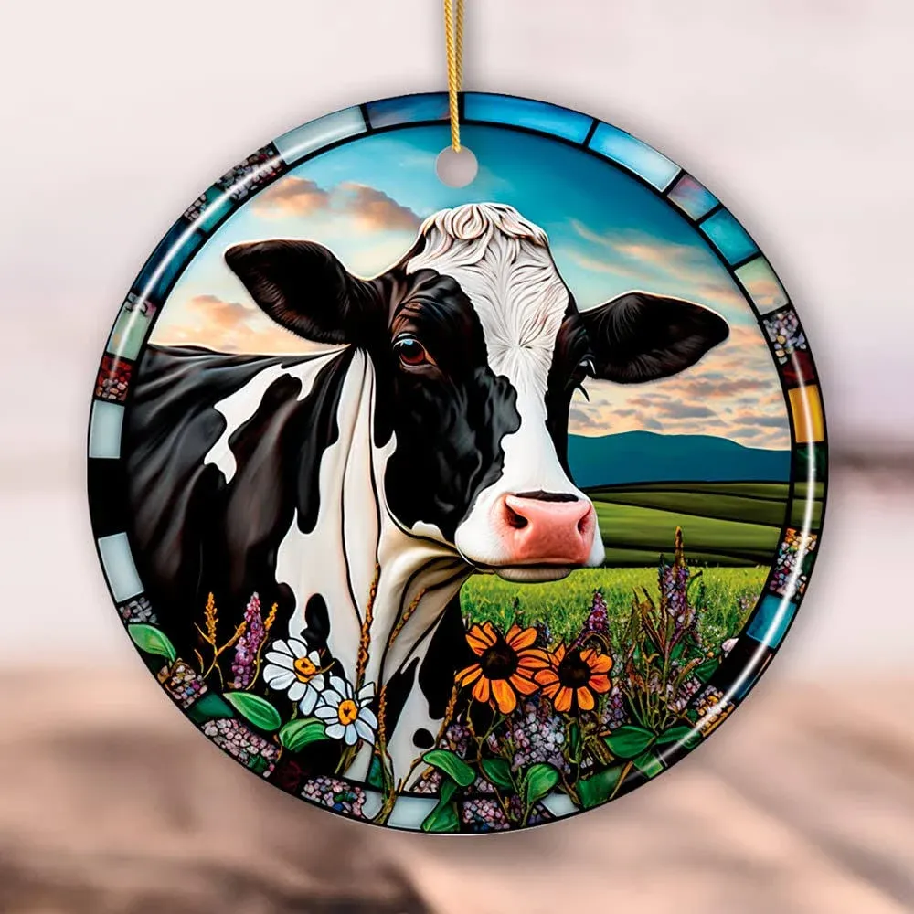 Stained Glass Bucolic Farm Cow Scene in The Pasture Ornament