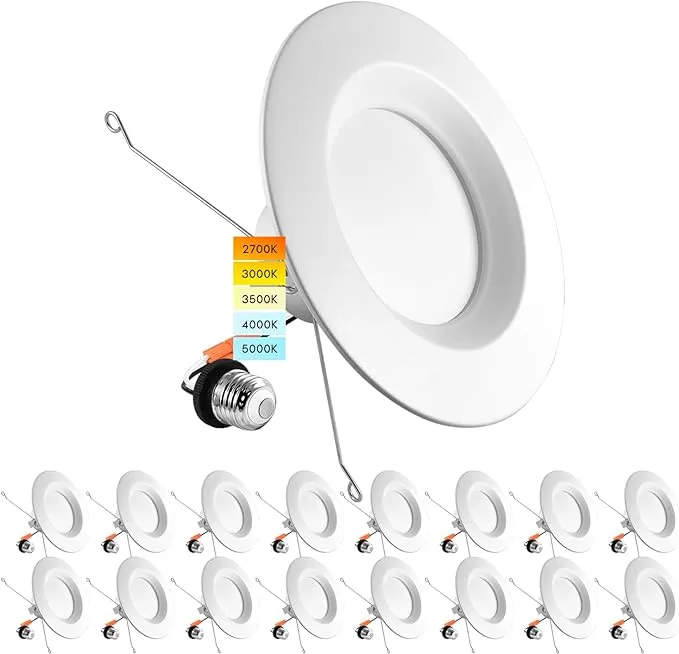 LUXRITE 5/6 Inch LED Recessed Retrofit Downlight, 14W=90W, CCT Color Selectable 2700K | 3000K | 3500K | 4000K | 5000K, Dimmable Can Light, 1100 Lumens, Wet Rated, Energy Star (16 Pack)