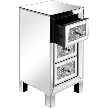 VINGLI 3-Drawer Mirrored Nightstand Bedside Table Glass Accent End Table, Fully Assembled, Silver