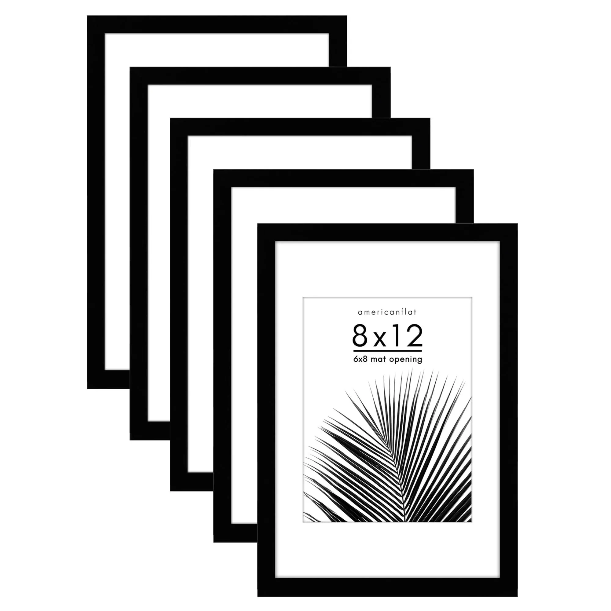 Americanflat 5 Pack of 8x12 Frames with 6x8 Mat - Plexiglass Cover - Black