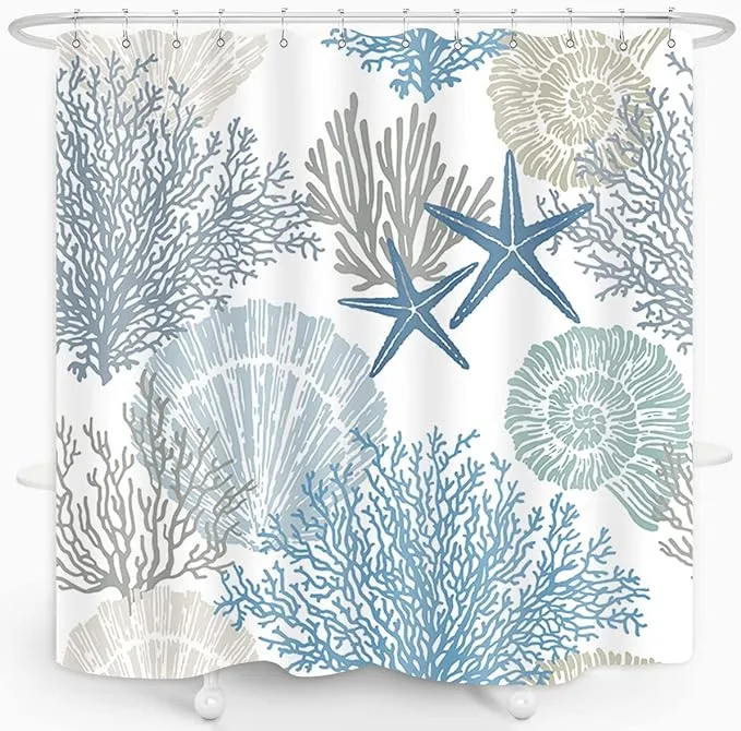 Nautical Seashell Shower Curtains Starfish Coral Beach Coastal Bath Curtain O