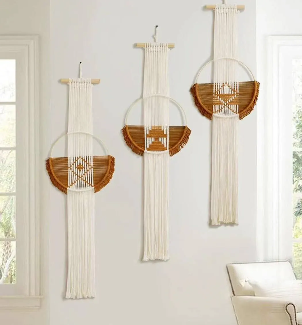 Macrame Wall Hanging Boho Wall Decor 3Pcs Round Wall Art Handmade Brown