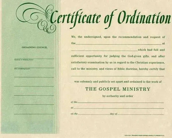 Certificate of Ordination for Minister - Beige Parchment with Green Print (Package Of 6)