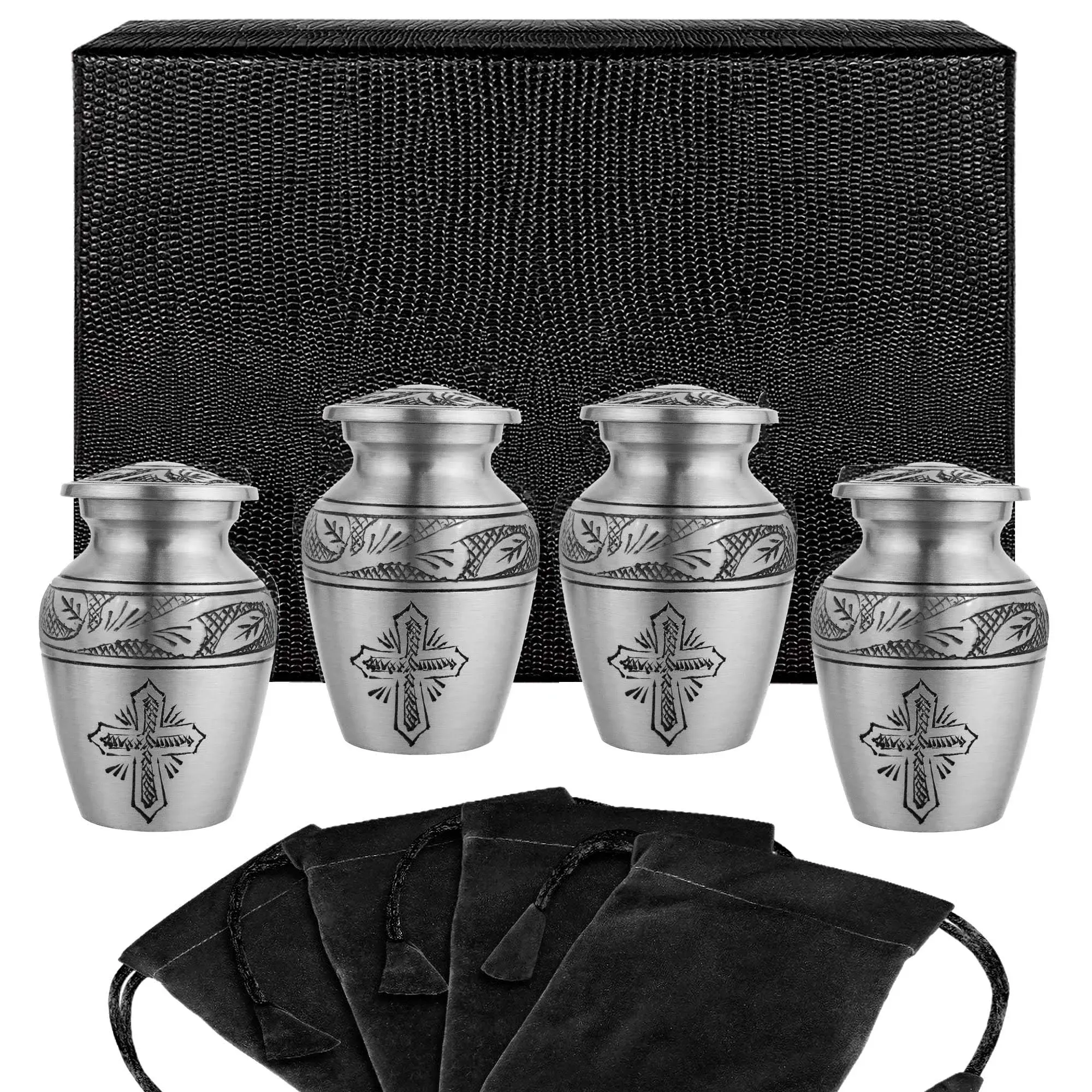 Grace and Mercy Pewter Cross Small Keepsake Urns for Human Ashes - Set of 4