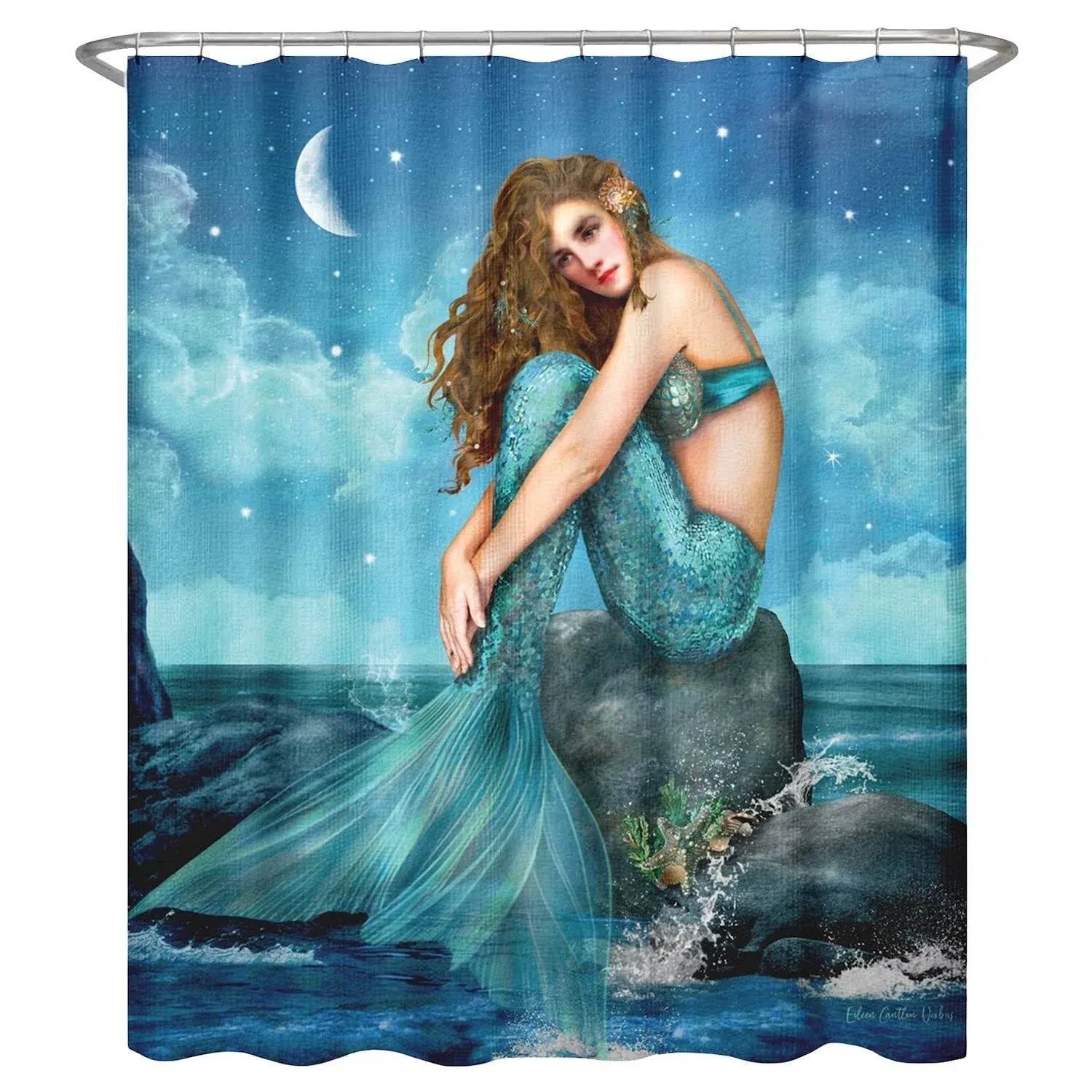 ELC Designs Group Twinkling Stars Fantasy Mermaid Print Polyester Cloth Shower Curtain, Hooks Included, Bathroom Home Décor, 72 X 72