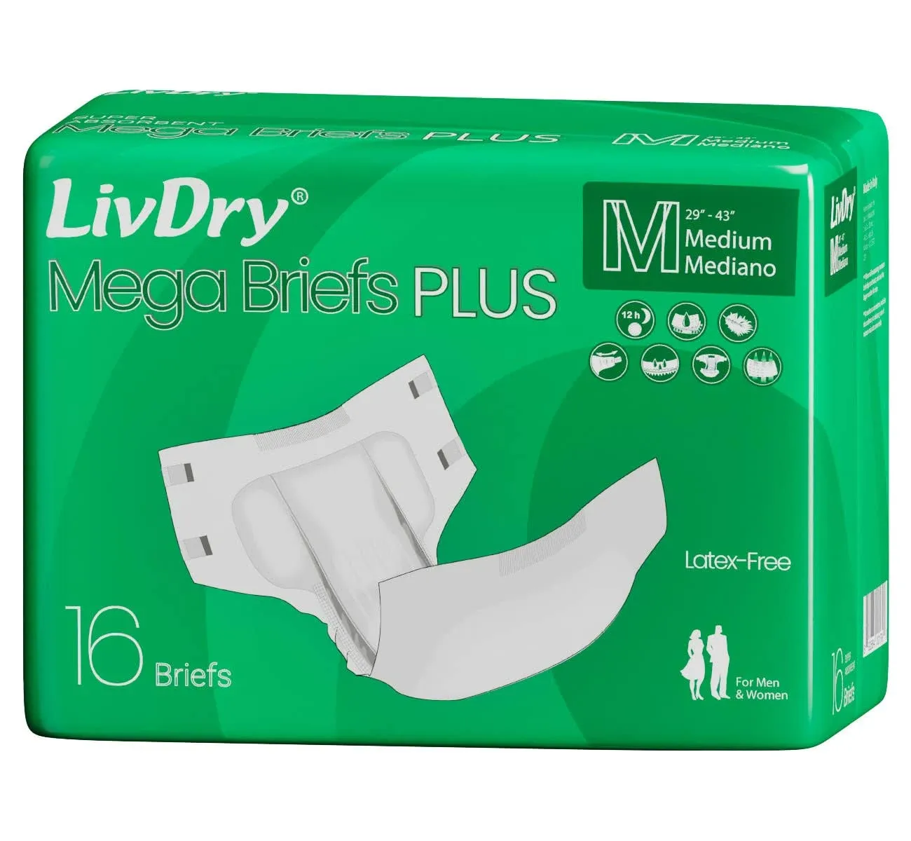 LivDry MegaBriefs Adult Diapers with Tabs, Max 12-Hour Capacity, Super Absorbent Incontinence Underwear, Leak Protection Briefs, Medium, 16-Pack